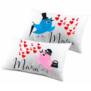 Coppia Federe PERSONALIZZABILI con nome SanValentino Matrimoniali Uccellini Cartoon Love Innamorati Idea regalo Lui Lei
