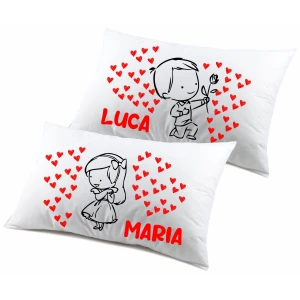 Coppia Federe PERSONALIZZABILI con nome SanValentino Matrimoniali Cartoon Couple Love Innamorati Idea regalo Lui Lei