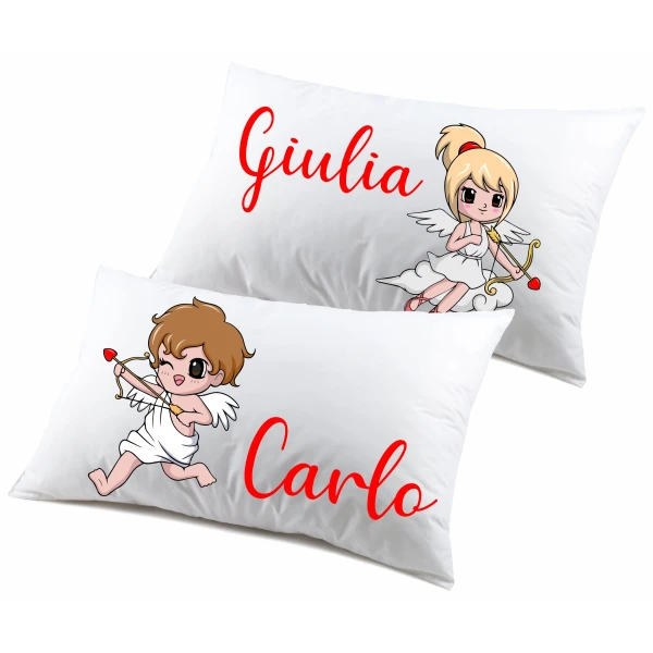 Coppia Federe PERSONALIZZABILI con nome SanValentino Matrimoniali Cupido Cartoon Love Innamorati Idea regalo Lui Lei