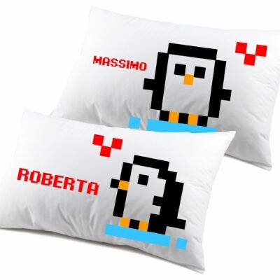 Coppia Federe PERSONALIZZABILI con nome SanValentino Matrimoniali Pinguini VIntage Arcade Gamer Love Innamorati Idea regalo Lui Lei