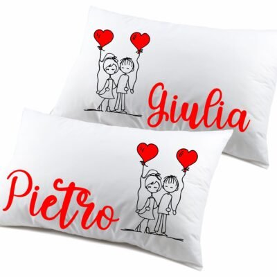 Coppia Federe PERSONALIZZABILI con nome SanValentino Matrimoniali Palloncini Fumetto Couple Love Innamorati Idea regalo Lui Lei