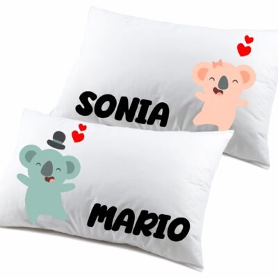 Coppia Federe PERSONALIZZABILI con nome SanValentino Matrimoniali Koala Couple Love Innamorati Idea regalo Lui Lei