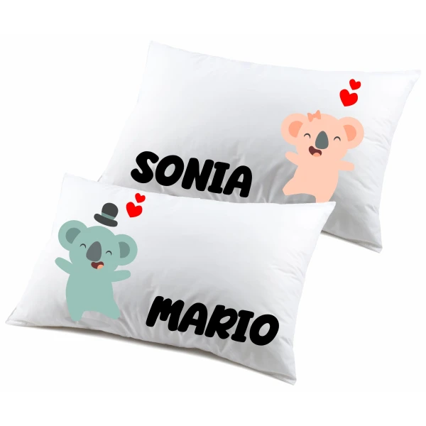 Coppia Federe PERSONALIZZABILI con nome SanValentino Matrimoniali Koala Couple Love Innamorati Idea regalo Lui Lei