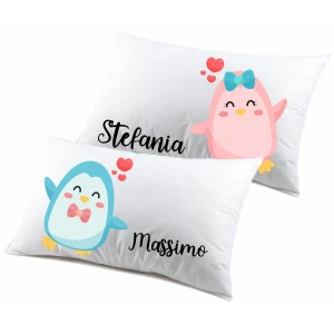 Coppia Federe PERSONALIZZABILI con nome SanValentino Matrimoniali Pinguini Couple Love Innamorati Idea regalo Lui Lei