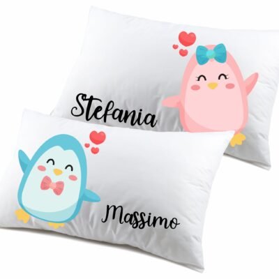 Coppia Federe PERSONALIZZABILI con nome SanValentino Matrimoniali Pinguini Couple Love Innamorati Idea regalo Lui Lei
