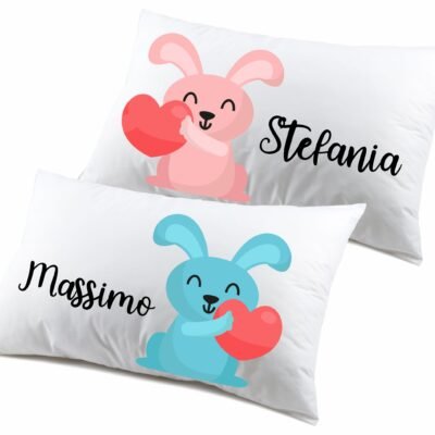 Coppia Federe PERSONALIZZABILI con nome SanValentino Matrimoniali Coniglietti Couple Love Innamorati Idea regalo Lui Lei
