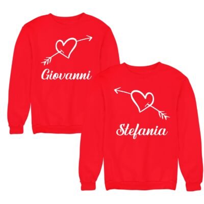 Coppia felpe girocollo personalizzabili San Valentino cuore di Cupido con nome lui e nome lei