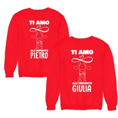 Coppia felpe girocollo personalizzabili con nome lui e lei per San Valentino ti amo all'infinito