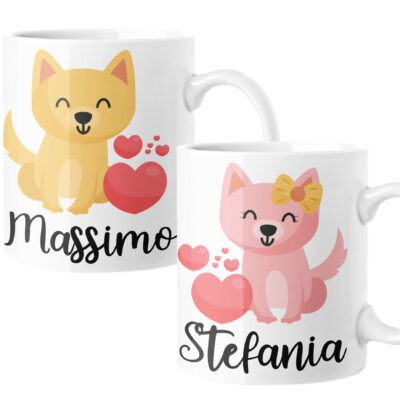 Coppia Tazze SanValentino PERSONALIZZABILI CON NOME Cagnolini Innamorati Love idea regalo Mug 11oz