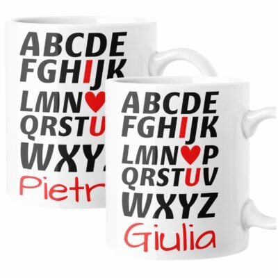 Coppia Tazze Sanvalentino Personalizzabile Alfabeto I love you Personalizza con Nome Amore Innamorati Fidanzati Regalo Lui e Lei Mug 11 Oz