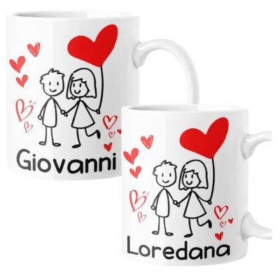 Coppia Tazze Sanvalentino Personalizzabile Fumetto Palloncini Personalizza con Nome Amore Innamorati Fidanzati Regalo Lui e Lei Mug 11 Oz