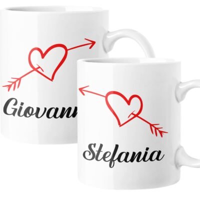 Coppia Tazze Sanvalentino Personalizzabile Cuore Freccia Cupido Personalizza con Nome Amore Innamorati Fidanzati Regalo Lui e Lei Mug 11 Oz