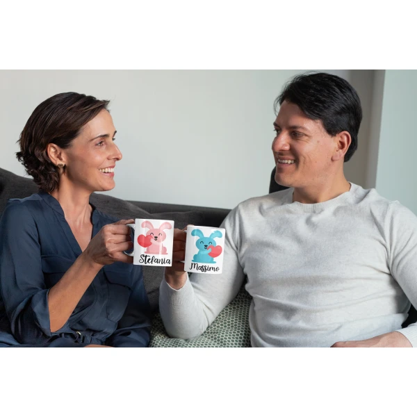 Coppia Tazze SanValentino PERSONALIZZABILI CON NOME Coniglietti Innamorati Love idea regalo Mug 11oz - immagine 4