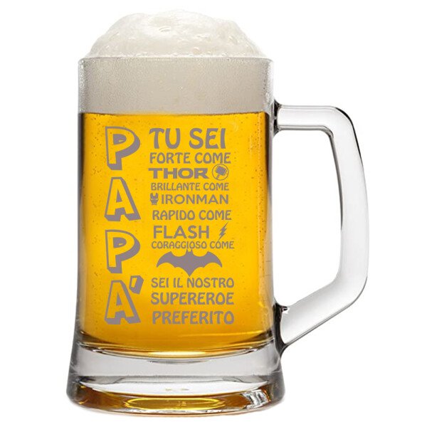 Boccale da Birra con incisione Papà - papà sei il mio supereroe preferito - evento  - festa del papà - capienza 50 cl