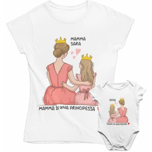 Coppia T-Shirt Maglietta Mamma Body PERSONALIZZABILE Mamma Madre Figlia Principessa Regina Festa della Mamma