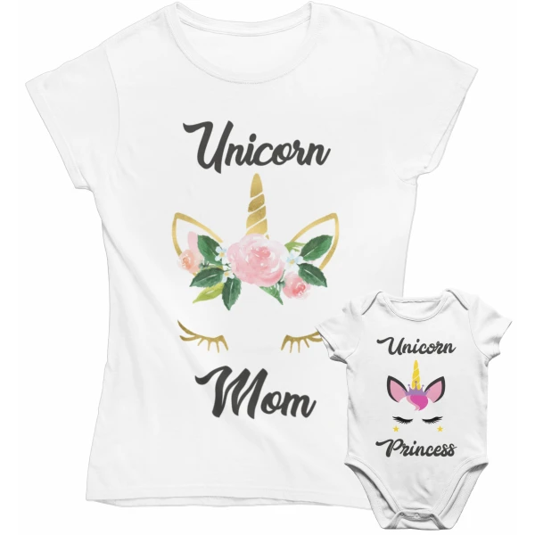 Coppia T-Shirt Maglietta Mamma Body Mamma Madre Figlia Unicorn Mom Baby Festa della Mamma