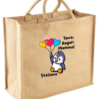 Borsa per la Spesa Juta Shopper Mamma PERSONALIZZABILE CON NOME Tanti auguri Mamma Pinguino Palloncini Festa della Mamma Compleanno Idea Regalo Mamma