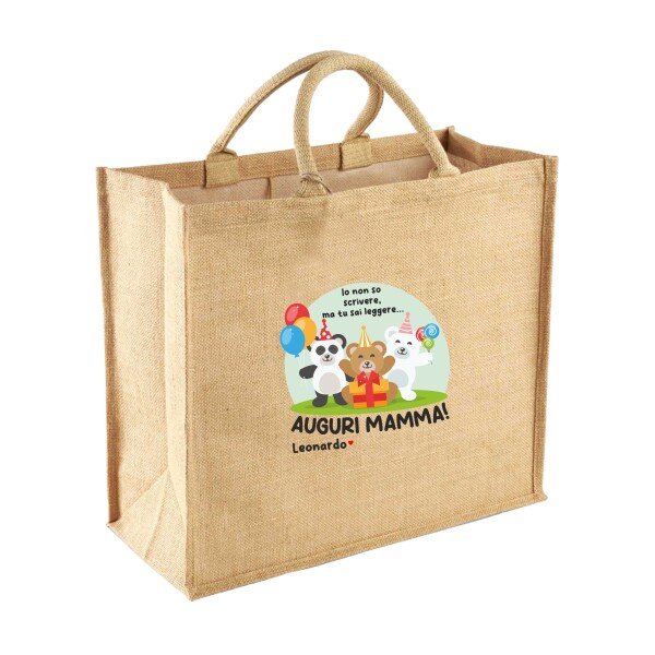 Borsa per la Spesa Juta Shopper Mamma PERSONALIZZABILE CON NOME Io non so scrivere ma tu sai leggere, auguri Mamma! Festa della Mamma Compleanno Idea Regalo Mamma