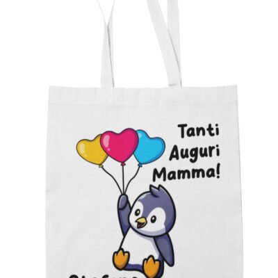 Shopping Bag Mamma PERSONALIZZABILE CON NOME Tanti auguri Mamma Pinguino Palloncini Festa della Mamma Compleanno Idea Regalo Mamma