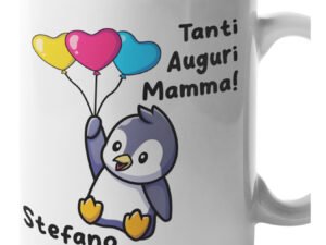 Tazza Mamma PERSONALIZZABILE CON NOME Tanti auguri Mamma Pinguino Palloncini Festa della Mamma Compleanno Mug 11OZ Idea Regalo Mamma