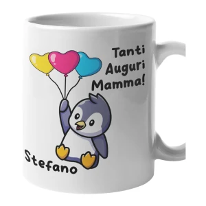 Tazza Mamma PERSONALIZZABILE CON NOME Tanti auguri Mamma Pinguino Palloncini Festa della Mamma Compleanno Mug 11OZ Idea Regalo Mamma