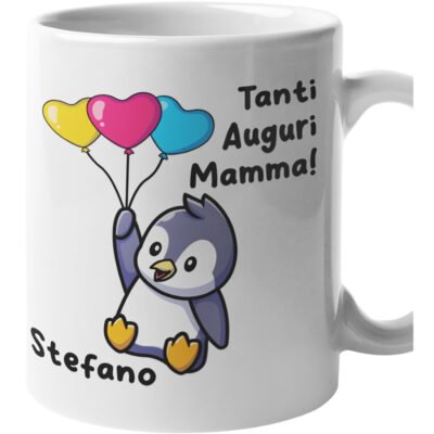 Tazza Mamma PERSONALIZZABILE CON NOME Tanti auguri Mamma Pinguino Palloncini Festa della Mamma Compleanno Mug 11OZ Idea Regalo Mamma