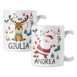 Coppia di tazze Natale Natalizia PERSONALIZZABILE con nome Babbo Natale Renna Christmas Mug 11 Oz Idea Regalo