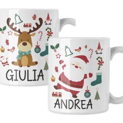 Coppia di tazze Natale Natalizia PERSONALIZZABILE con nome Babbo Natale Renna Christmas Mug 11 Oz Idea Regalo