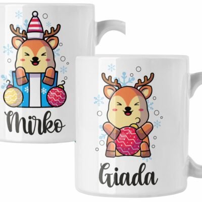 Coppia di tazze Natale Natalizia PERSONALIZZABILE con nome Renne Cartoon Christmas Mug 11 Oz Idea Regalo