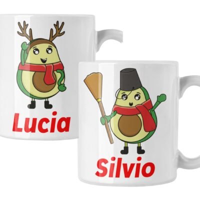 Coppia di tazze Natale Natalizia PERSONALIZZABILE con nome Avocado Scopa Divertente Lui Lei Christmas Mug 11 Oz Idea Regalo