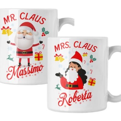 Coppia di tazze Natale Natalizia PERSONALIZZABILE con nome Mr Mrs Claus Christmas Mug 11 Oz Idea Regalo