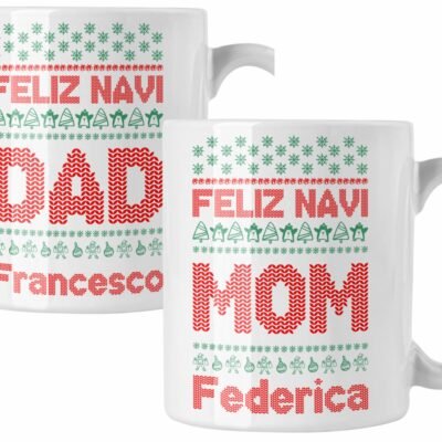 Coppia di tazze Natale Natalizia PERSONALIZZABILE con nome Feliz Navi Dad Mom Christmas Mug 11 Oz Idea Regalo