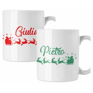 Coppia di tazze Natale Natalizia PERSONALIZZABILE con nome Slitta Renne Santa Claus Merry Christmas Mug 11 Oz Idea Regalo