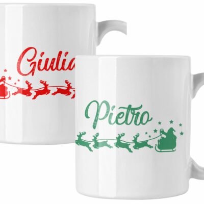 Coppia di tazze Natale Natalizia PERSONALIZZABILE con nome Slitta Renne Santa Claus Merry Christmas Mug 11 Oz Idea Regalo