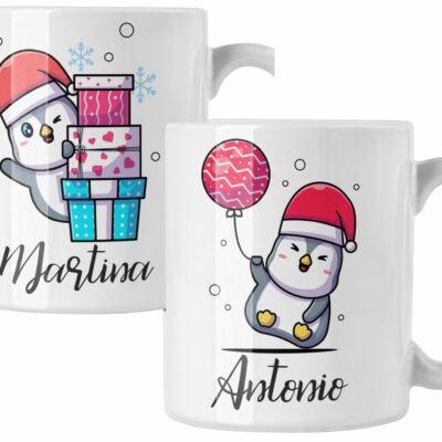 Coppia di tazze Natale Natalizia PERSONALIZZABILE con nome Pinguini Cartoon Merry Christmas Mug 11 Oz Idea Regalo