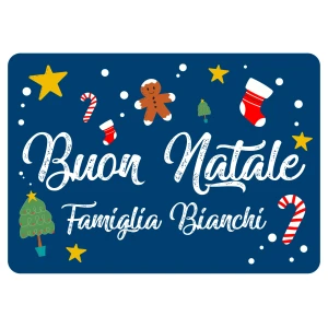 Tappeto Zerbino Natale personalizzato con nome Famiglia Fantasia Natalizia Blu Merry Christmas Ingresso Casa Regalo Natale 60x40 cm
