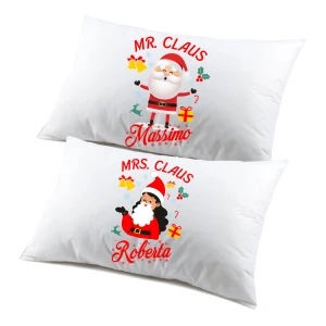 Coppia di federe PERSONALIZZABILI matrimoniali natalizie divertenti Mr Mrs Claus Buon Natale Personalizza con nome