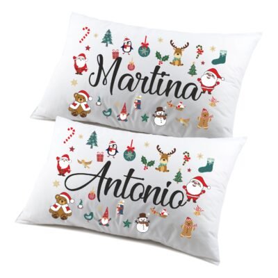 Coppia di federe PERSONALIZZABILI matrimoniali natalizie divertenti personaggi natale Buon Natale Personalizza con nome