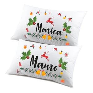 Coppia di federe PERSONALIZZABILI matrimoniali natalizie divertenti Renna Campanelle Buon Natale Personalizza con nome