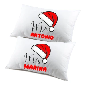 Coppia di federe PERSONALIZZABILI matrimoniali natalizie divertenti Mr Mrs Buon Natale Personalizza con nome