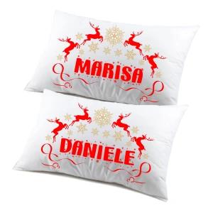 Coppia di federe PERSONALIZZABILI matrimoniali natalizie divertenti Renne Christmas Buon Natale Personalizza con nome
