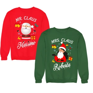 Coppia di Felpe Natale Girocollo PERSONALIZZABILI CON NOME Mr & Mrs Claus divertenti idea regalo natale Unisex