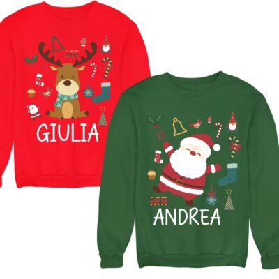 Coppia felpe girocollo Natale personalizzabili con nome Babbo Natale e renna