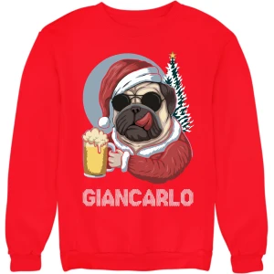 Felpa Girocollo Natale Natalizia PERSONALIZZABILE CON NOME Carlino Christmas divertente Idea regalo Unisex