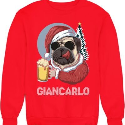 Felpa di Natale unisex a girocollo con carlino natalizio personalizzabile con nome Merry Christmas
