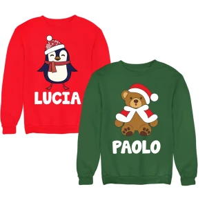 Coppia di Felpe Natale Girocollo PERSONALIZZABILI CON NOME Pinguino Orsetto divertenti idea regalo natale Unisex