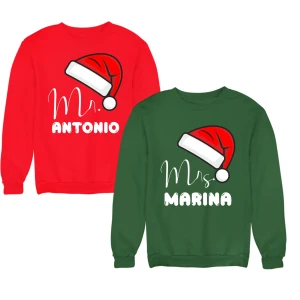 Coppia di Felpe Natale Girocollo PERSONALIZZABILI CON NOME Mr & Mrs divertenti idea regalo natale Unisex