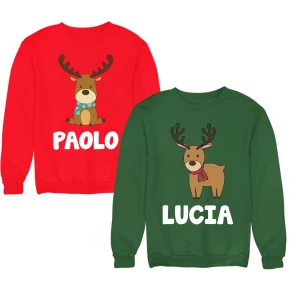 Coppia di Felpe Natale Girocollo PERSONALIZZABILI CON NOME Baby Renne divertenti idea regalo natale Unisex