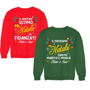 Coppia di Felpe Natale Girocollo PERSONALIZZABILI CON NOME Ultimo Natale da Fidanzati divertenti idea regalo natale Unisex