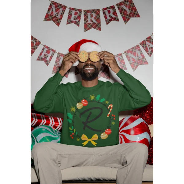 Felpa Girocollo Natale Natalizia PERSONALIZZABILE CON INIZIALE Christmas divertente Idea regalo Unisex - immagine 6